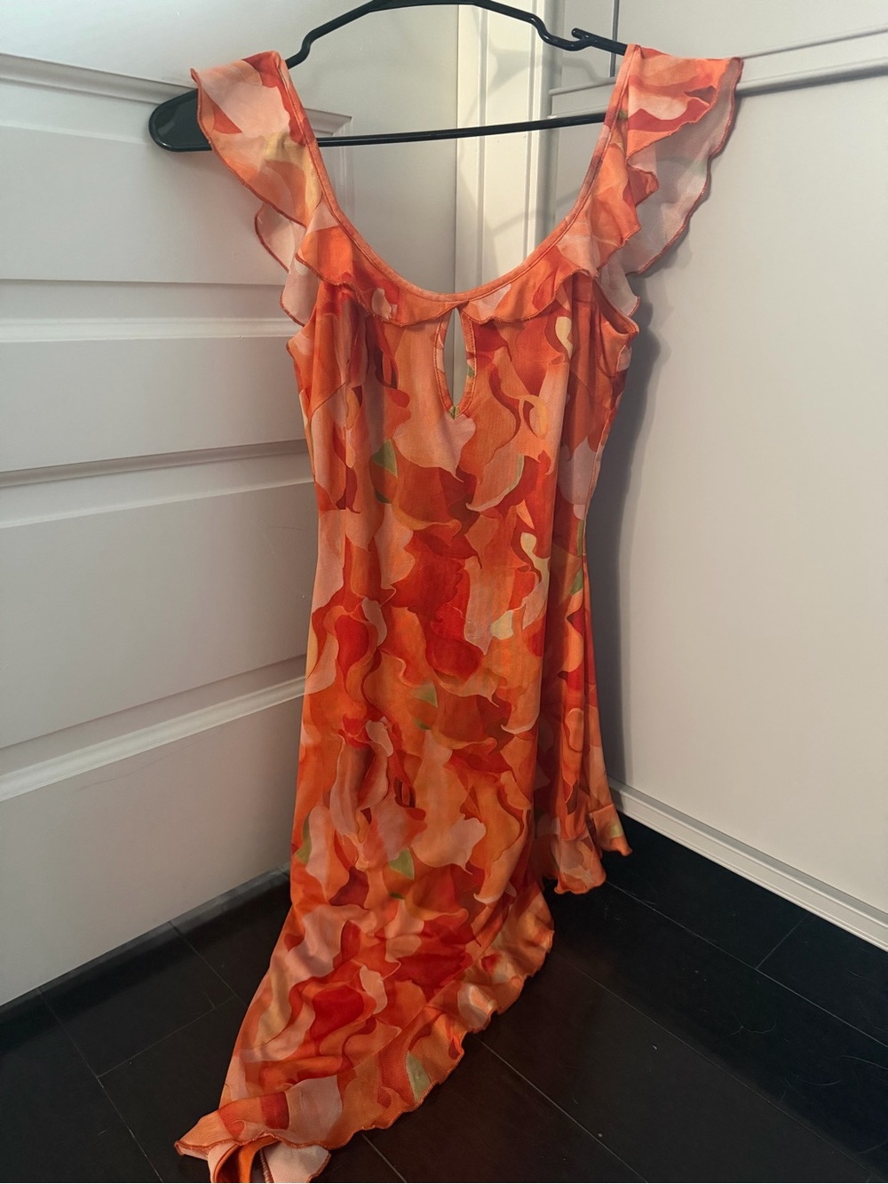 Orange Floral Ruffle-Sleeve Mini Dress